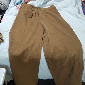 Pleated pants that are elephant bells on the bottom